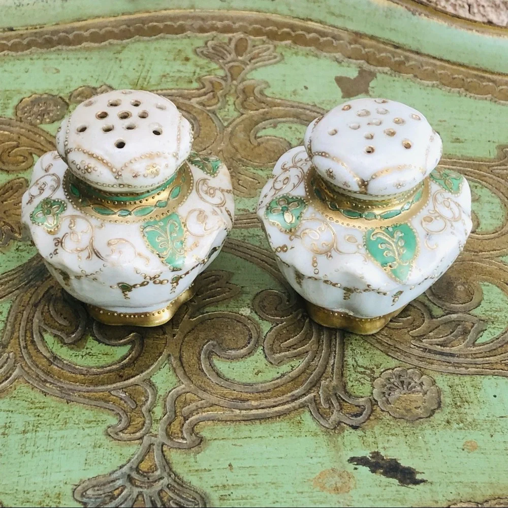 Antique Porcelain Salt Pepper Shakers Fancy Gold Trim